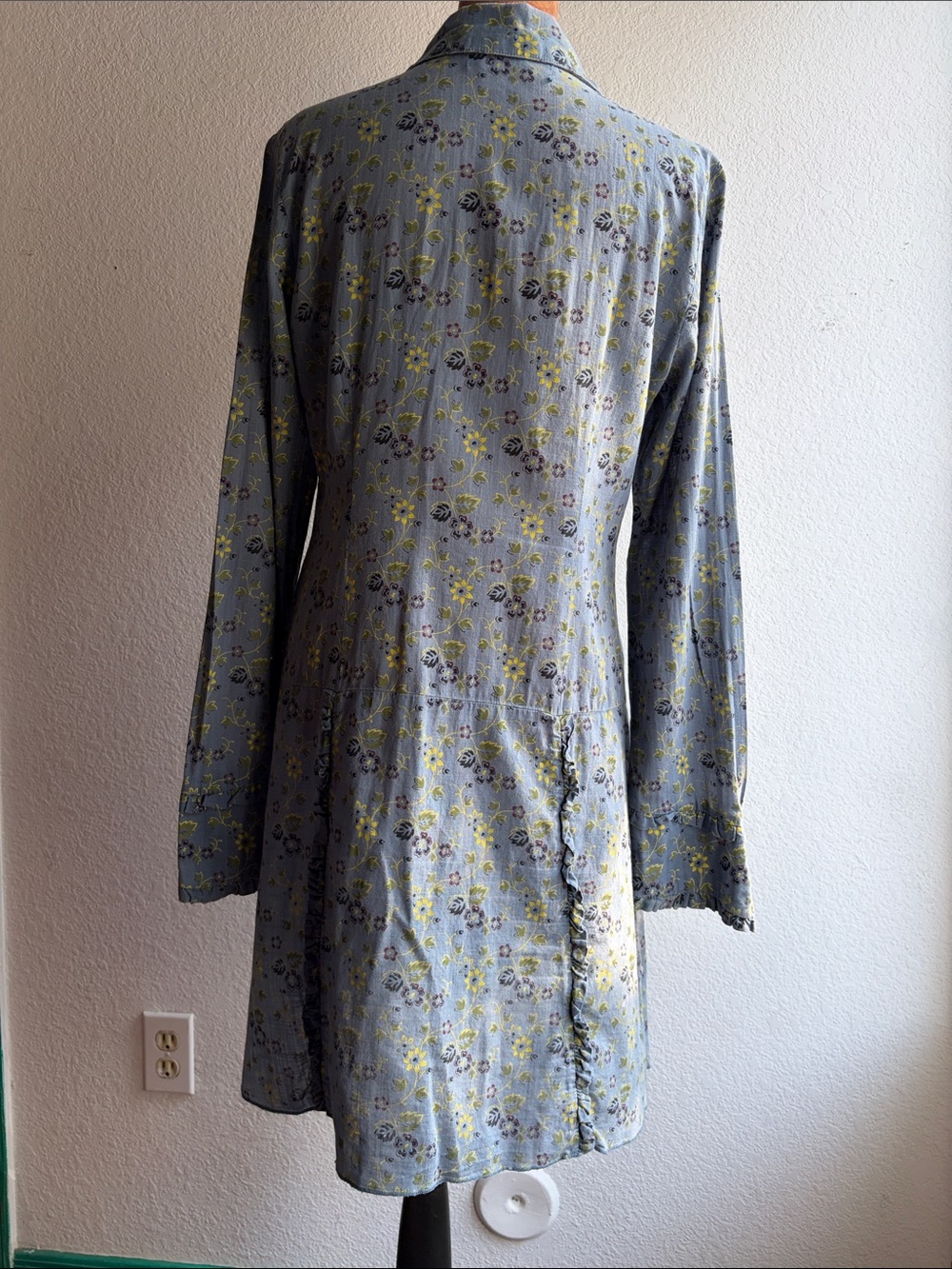 Vintage Free People Dress Sz 6 Blue Floral Button Down Ruffled, Pin-Tuck Fall - Picture 7 of 12